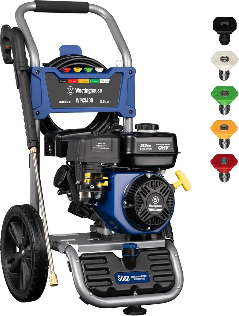 WPX3400 Gas Pressure Washer, 3400 PSI and 2.6 Max GPM, Onboard Soap Tank, Spray Gun and Wand, 5 Nozzle Set, for Cars/Fences/Driveways/Homes/Patios/Furniture M6