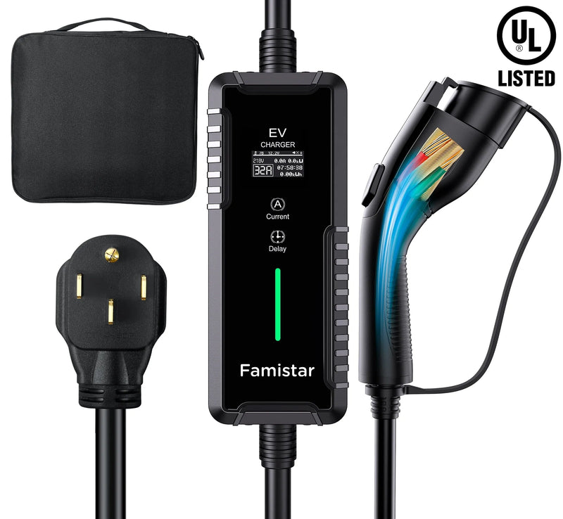 Level 2 & Level 1 EV Charger, 16Amp 110-240V Portable J1772 Electric Car Charger with Adjustable Amp Delayed Timer 25ft Long Cord L5