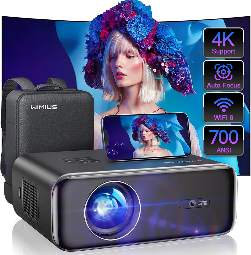 [Auto Focus/4K Support] Projector with WiFi 6 and Bluetooth 5.2, 700ANSI Native 1080P Outdoor Movie Projector, WiMiUS P62 Auto 6D Keystone & 50% Zoom, Smart Home Projector for iOS/Android/TV Stick P7