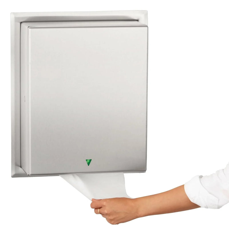 Automatic roll towel dispenser, semi-integrated design, matte stainless steel material, adjustable sensor, LED light guide, no contact operation, AC adapter/battery power supply, universal roll towel compatibility P7
