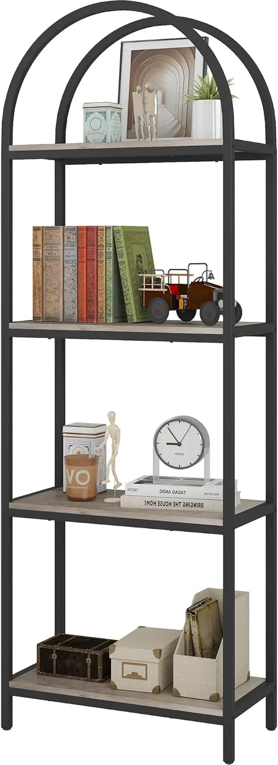 Yusong Bookshelf Rattan Arched Bookcase, 74" Tall Industrial Open Book Shelves for Living Room, Modern Freestanding Boho 5 Tier Display Storage Rack with Metal Frame, Office, Bedroom, Burlywood O0