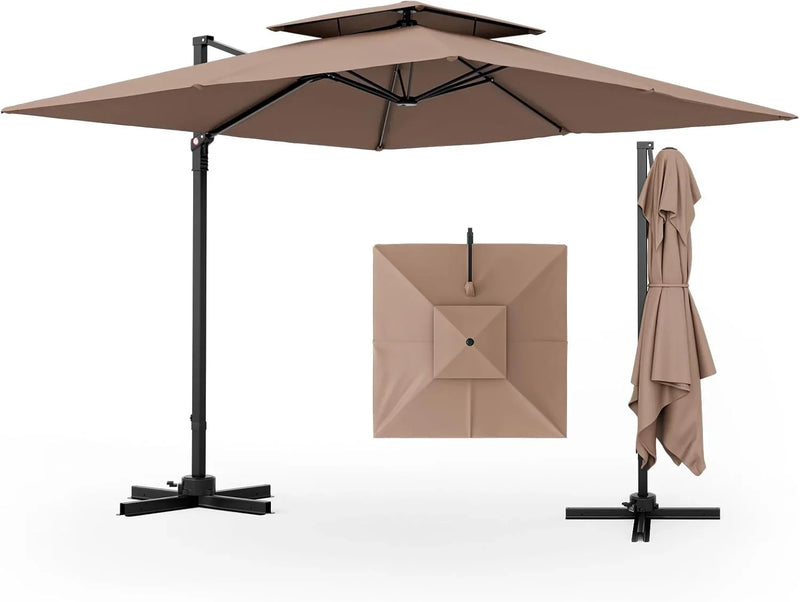 9.5-foot cantilevered patio umbrella, outdoor square offset umbrella, 360° rotatable, double-structured heavy-duty patio hanging umbrella, with cross base, suitable for gardens, patios, swimming pools and backyards. K9
