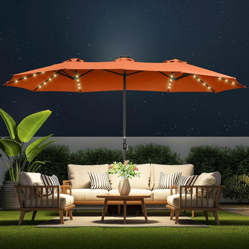 Double Sided Patio Umbrellas - 15ft Solar Lights LED Lighted Outdoor Extra Large Market Table Umbrella with Base Included, Oversized Umbrella for Deck, Pool, Backyard (Beige) X7