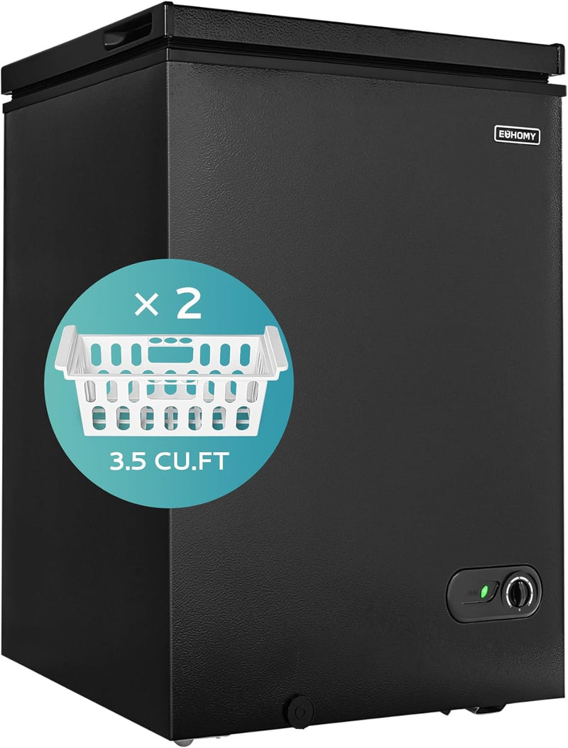3.5 Cu.Ft Chest Freezer with Removable Basket, Small Deep Freezer Adjustable 7 Thermostat, Quiet Mini Freezer Free-Standing Top Door, Energy Saving for Apartment/Garage/Basement/Dorm/Home,Black A9