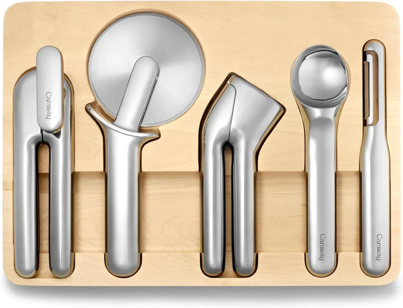 Kitchen Tool Set - Five-piece essential kitchen items - Made of stainless steel - Includes can opener, pizza cutter, garlic press, ice cream scoop, vegetable peeler and storage organizer box J9