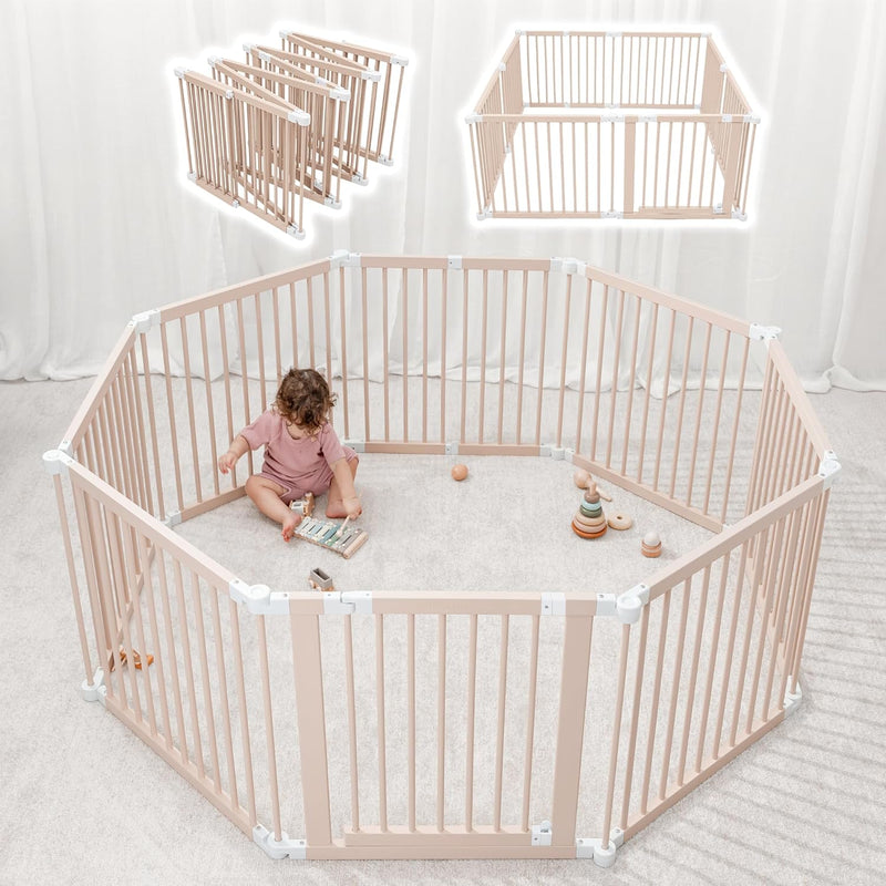 Baby Playpen & Gate - 144 x 144 x 63 cm, Extends Up to 579 cm - Pine Wood Foldable Playpen with Child-Proof Lock - Safe Play Fence Easy Assembly Baby Play Yard - Light Wood White N3