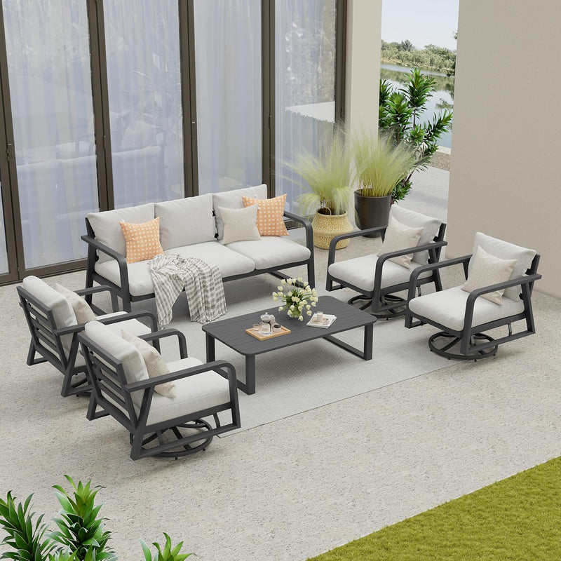 Outdoor Patio Furniture Set 4-Piece, Aluminum Swivel Rocking Chairs with All-Weather Cushions, Modern Patio Conversation Set for Deck, Porch, Garden (Dark Grey) O9