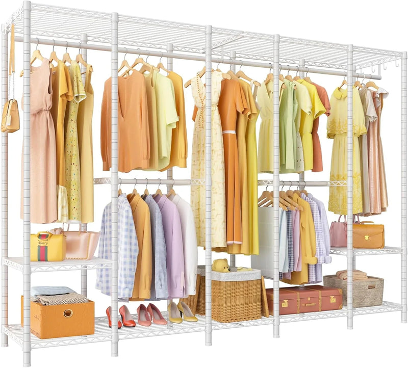 Super large clothes rack, heavy-duty clothes storage rack, standalone portable wardrobe, clothes rack for hanging clothes, 89.8 inches wide x 15.8 inches deep x 76.4 inches high, maximum load capacity of 1400 pounds, white O3