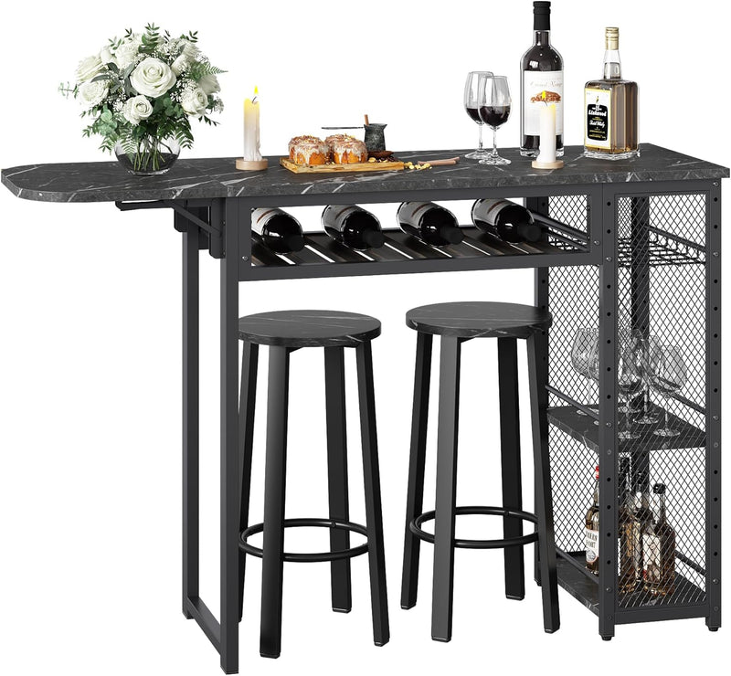 Bar Table and Chair Set, Industrial Expandable Dining Table with 2 Bar Stools, Kitchen Counter with Wine Rack & 3 Tier Adjustable Storage Shelves Rustic Brown Y6