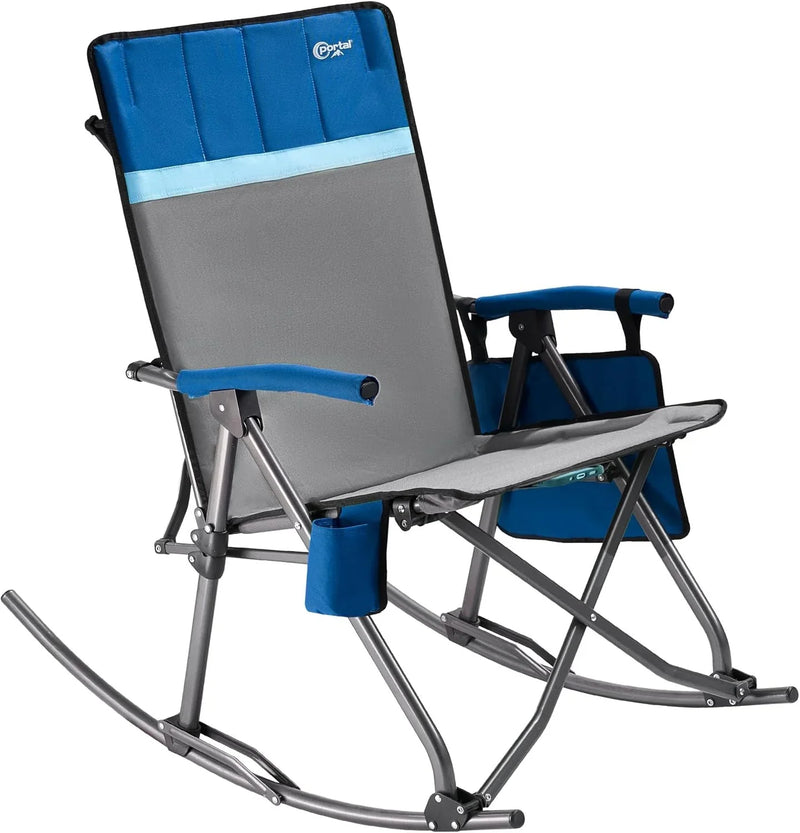 Large-sized foldable rocking chair-style camping chair. Portable outdoor rocking chair, equipped with a high back and sturdy armrests. The carrying bag can bear a weight of 300 pounds. The back of the seat has padding. The color is blue. T6