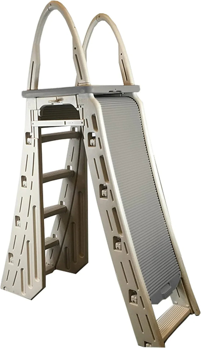 Confer Plastics 7200 Roll Guard 48" to 56" Adjustable A Frame Safety Ladder for Above Ground Outdoor Patio Swimming Pool Platform Ladder with Step Barrier, Warm Grey… M5