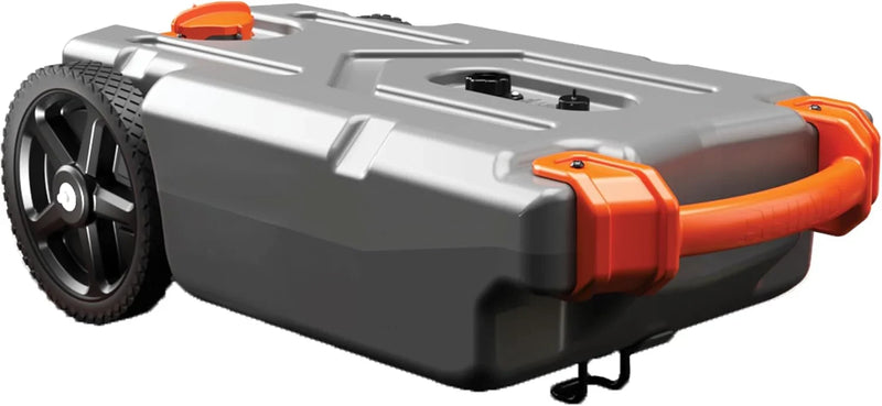 28-gallon portable camping vehicle/rv travel tank | Equipped with 2 controllable non-flat-front wheels and built-in valve | Includes detachable 24-inch tow bar, 3-foot sewage hose and other RV accessories Y5