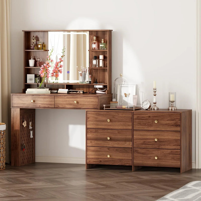 Makeup Vanity Desk with Mirror and Lights, Vanity Desk with 8 Drawers & Storage Shelves, Vanity Table with Power Outlet, 3 Color Modes & Adjustable Brightness Dressing Table, Bedroom,White2 Y6