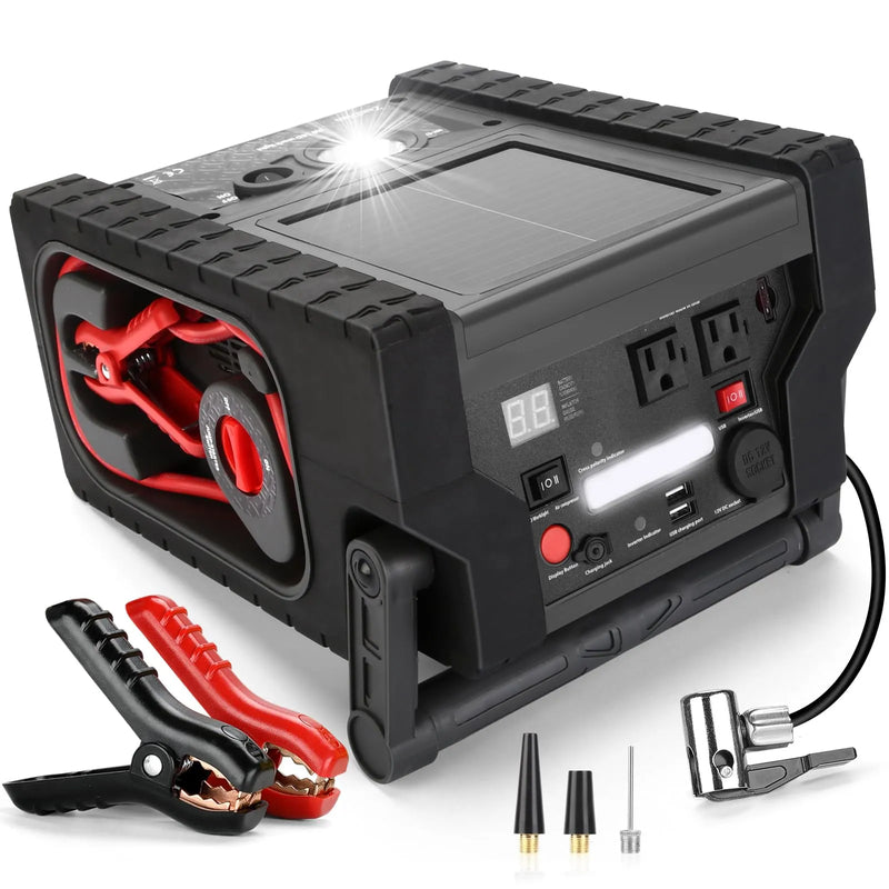 ZD-529 Solar Portable Power Station 2000 Amps Jump Starter, 260 PSI Air Compressor, 12V Car Battery Charger with 400W Inverter Dual AC/DC/USB Output, Emergency Backup Power with Flashlights R1