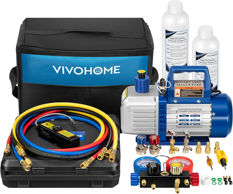 110V 1/4 HP 3.5CFM Single Stage Rotary Vane Air Vacuum Pump and AC Manifold Gauge Set Kit with Thermometer for R134a R12 R22 R502 R410a HVAC Air Conditioning Refrigeration Recharging Red Q5
