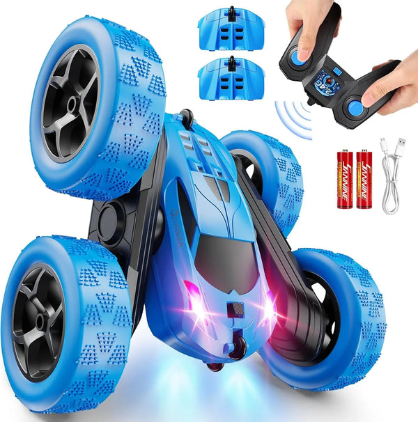 Children's version remote control car (suitable for children over 6 years old), RC car stunt toy, four-wheel drive, double-sided design, 360° rotating remote control, with headlights, is a birthday or Christmas gift for boys aged 6, 7, 8, 9, 10, 11, J2