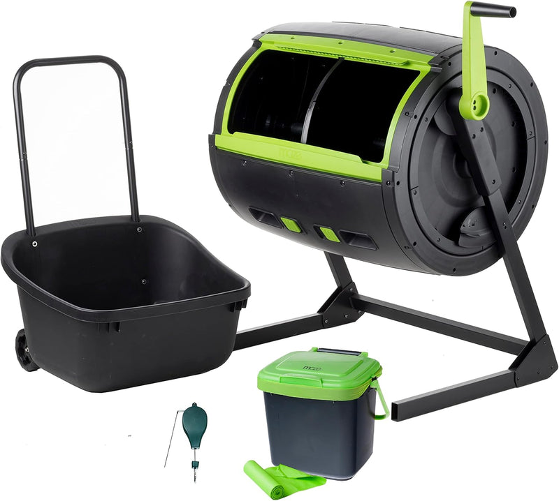 Two 65-gallon two-stage composting drums, equipped with large double doors and an open frame, are also provided along with a maze-style compost cart, a 1.85-gallon kitchen trolley-style compost bin, three rolls of corn bags, and a retractable plant t U9