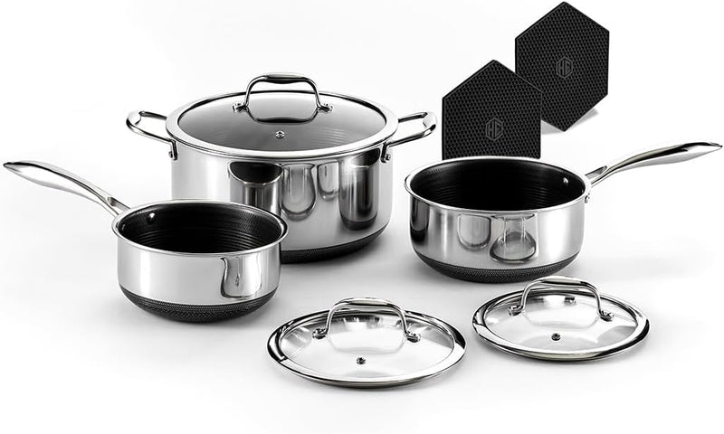 Hybrid Nonstick 6-Piece Pot Set with 2 Silicone Trivets, 2, 3, and 8-Quart Pots with Tempered Glass Lids, Stay-Cool Handles, Dishwasher-Friendly, Induction-Ready, Compatible with All Cooktops Z8