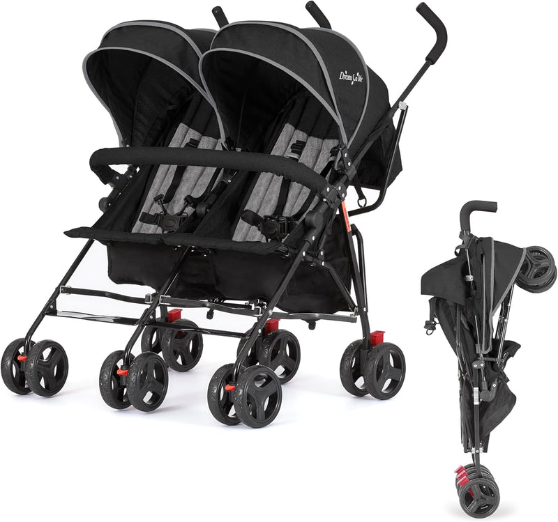 Twin Umbrella Stroller in Black, Lightweight Double Stroller for Infant & Toddler, Compact Easy Fold, Large Storage Basket, Large and Adjustable Canopy Y7