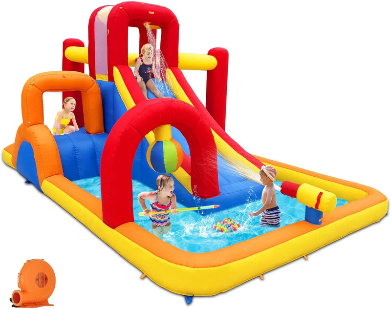 Inflatable Water Slide, 10 in 1 Water Park Bounce House with Blower, Splash Pool, 2 Slides, Water Cannon, Climbing Wall, Blow up Water Slides for Kids Outdoor Backyard P7