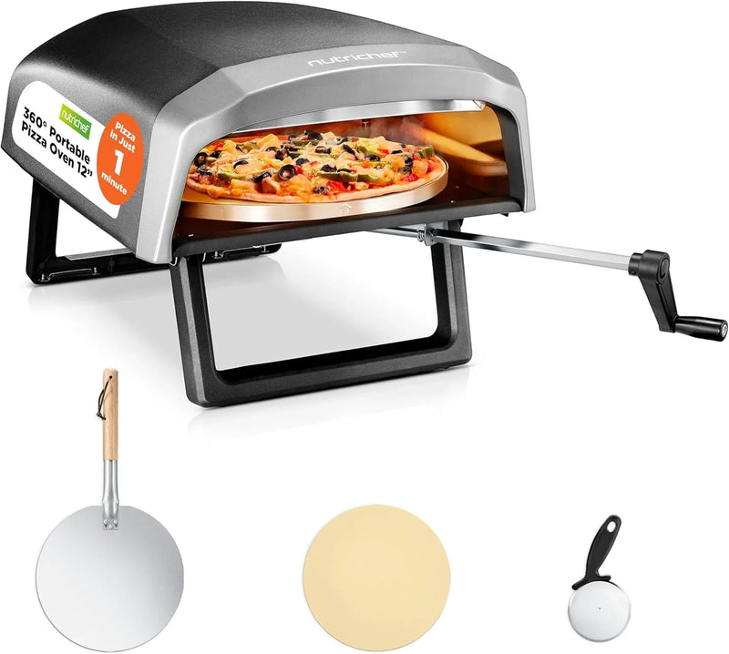 Outdoor pizza oven, equipped with 360-degree rotating pizza stone | Adjustable temperature control | Includes pizza shovel, pizza knife, stone, lid and hose | Can bake a 12-inch pizza in 60 seconds | 32.9 x 16.1 x 12.4 inches M2