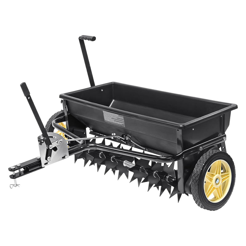 Broadcast seeder, 100-pound tractor-mounted rear polyethylene seeder with 10-inch wheels, equipped with a steel spike weeder, fertilizer spreader, garden seeder and salt spreader, suitable for residences, farms, rough terrain, and black pavement. I4