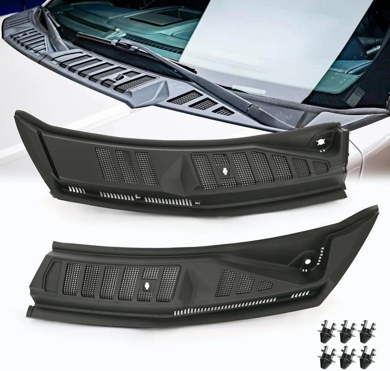 The front windshield wiper cover panel grille is compatible with the 2009 - 2014 models of Ford F150. It features two front insert panels on both the left and right sides. C5