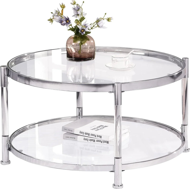 A round coffee table with a metal frame, the surface is made of chrome-plated acrylic glass. Y0