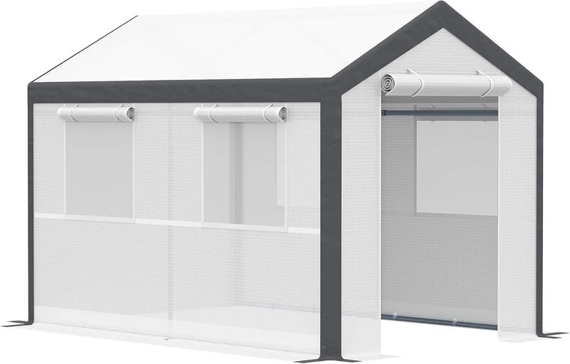 A 20-foot x 10-foot x 9-foot walk-in green house with an outdoor garden greenhouse, equipped with 6 roll-up windows, 2 zipper doors and a rain cover, in white color. B0