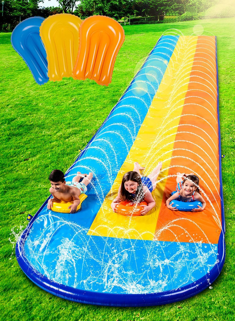 Sloosh Triple Water Slide with 3 BodyBoards, 22.5FT Lawn Water Splash Slip and Slide Summer Toy Splash Pad with Build in Advanced Sprinkler for Kids Adults Backyard Summer Water Fun M7