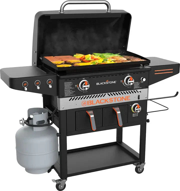 Blackstone 1962 Air Fryer Combo & Two Burners Stainless Steel Gas Hood, Wheels, Two Side Shelf – Heavy Duty Outdoor Griddle Station for Backyard, Patio, 28 inch Black E4
