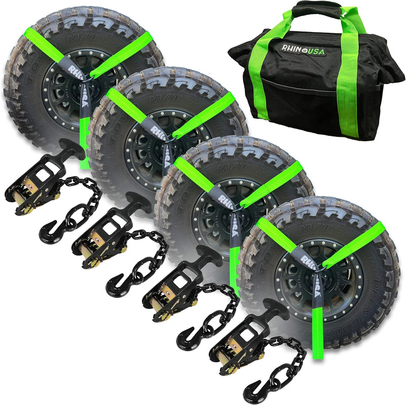 Car Tie Down Straps for Trailers with Flat Hooks (4-Pack) - 2 Inch x 8 Feet (10,000lb Break Strength) - Heavy Duty T-Handle Car Lasso Tire Straps for Trailer & UTV - Black O9