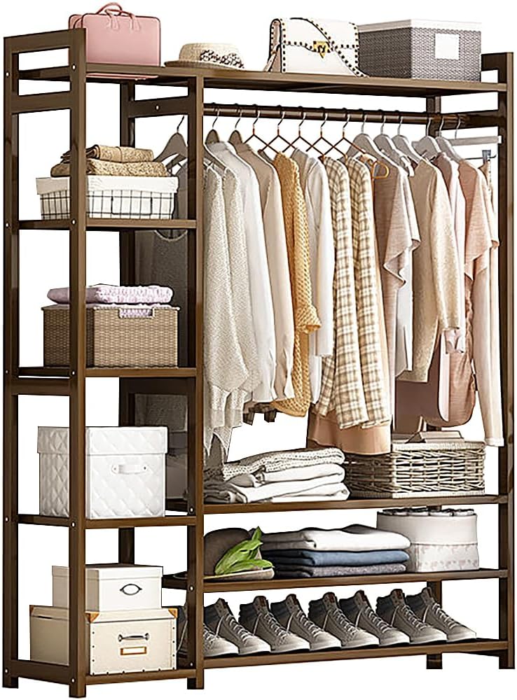 Floor-Standing Solid Wood Rotating Coat Rack，Portable Bamboo Clothes Rack - Versatile Closet Organizer with Storage Shelves and Compartments for Bedroom, Entryway, or Living Room - Stylish a Y4