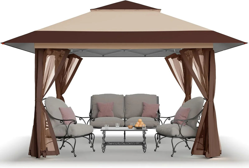 CROWN SHADES 13x13 Pop Up Gazebo, Canopy Tent, Gazebos on Clearance - Outdoor Gazebo for Backyard & Patio Furniture - Carpa Pop Up Tent with Wheeled STO-N-Go Cover Bag (Beige & Coffee) G1
