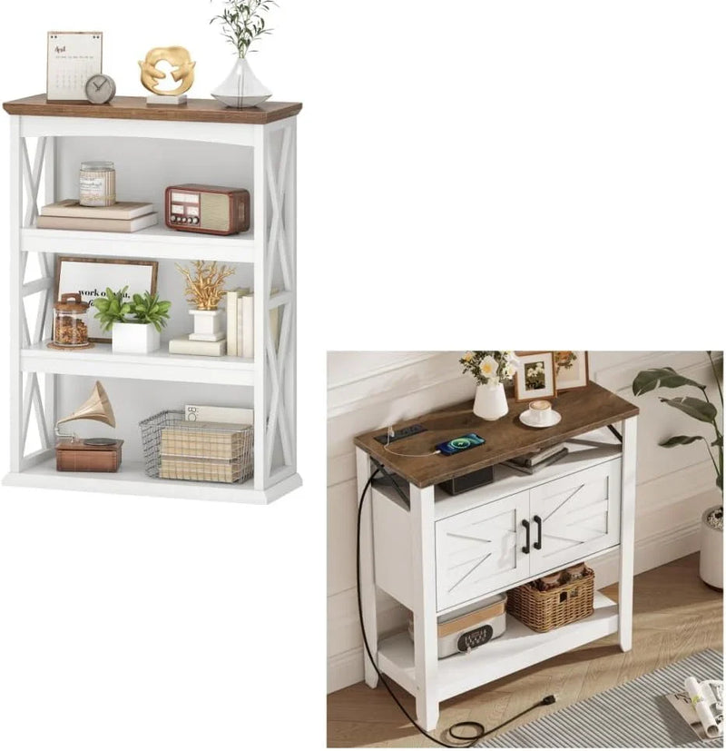 Farmhouse Sofa Table with Power Outlet-4-Tier Bookcase, 42.9" Floor Standing Organizer Shelf I4