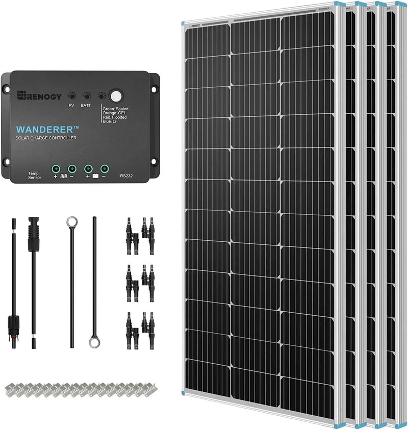 400 Watt 12 Volt Premium 4 Pcs 100W Panel 40A MPPT Charge Controller Bluetooth Module Fuse Mounting Z Brackets Adaptor Kit Tray Cables Set, 400W, Grid 12V Solar Power System K8