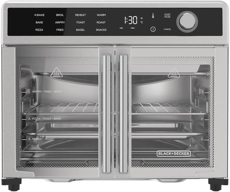 Fryer Toaster Oven Combo, 12 in 1 Countertop Convection Oven Cooks Food Fast, Fits a Whole Pizza or 6 Toast Slices, French Doors with Stainless Steel Finish J4