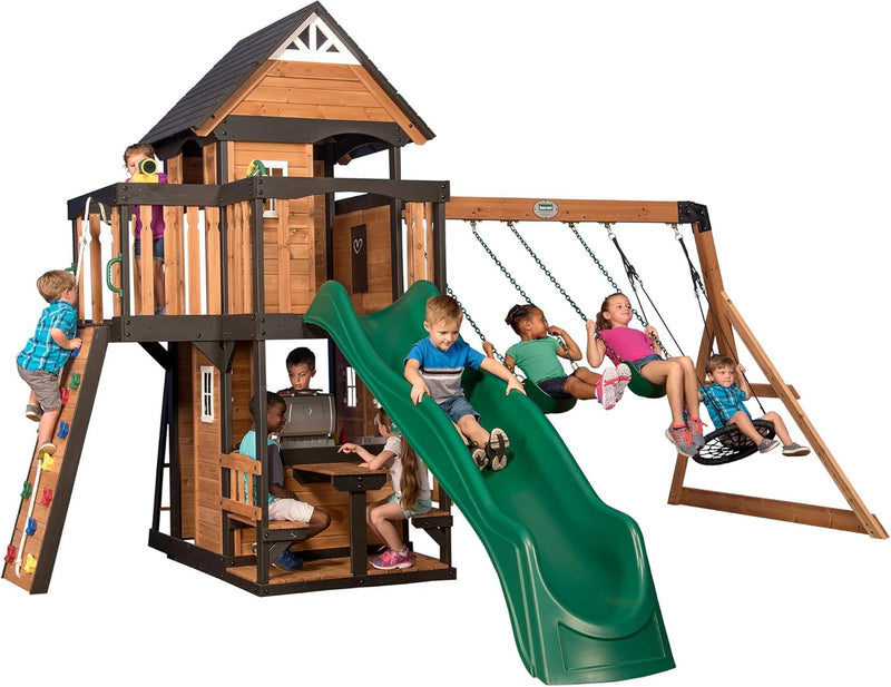 Gorge Creek Pure Pine Swing Set, Playhouse with Barbecue Grill, Plastic Utensils, Picnic Area, Steering Wheel, Double-Padded Swing, Rock Climbing Wall, Balcony, Terrace, Mesh Swing (Green Slide) R2