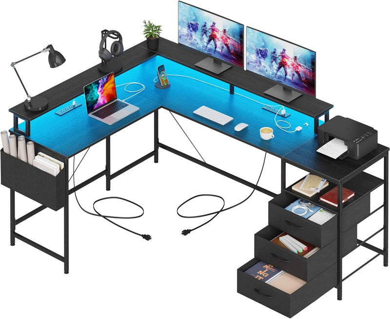 3 Drawers L Shaped Desk 63 Inch, 2 Power Strips (6 AC) and LED, Large Gaming Desk & 2 Monitor Stands, L Shape Computer Desk, Stable and Sturdy Home Office Desk, Fabric Drawers, Black S3
