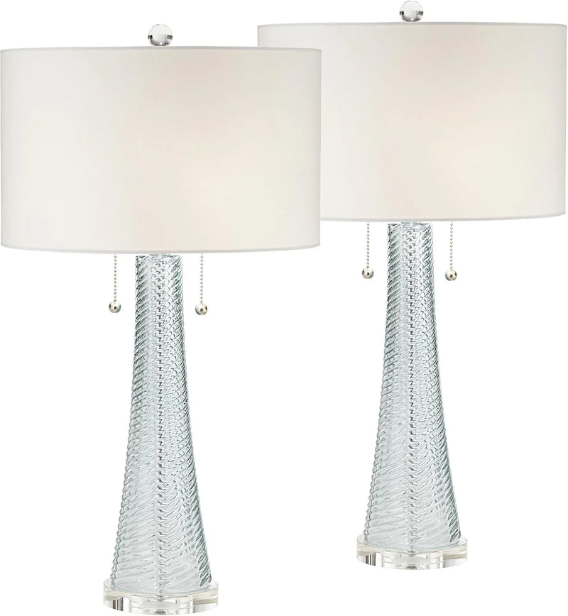 Modern desk lamp, 28.5 inches high, 2 sets. Features a sky-blue textured glass lampshade and a white cylindrical lampshade with a vortex pattern. Suitable for living room, bedroom, bedside table, night light, office, and home use. R6