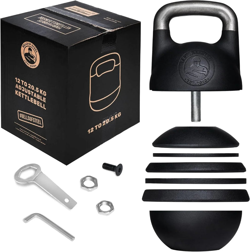 Adjustable Kettlebell Set [Bells of Steel] Kettle Bell Weight Set, Steel Shell, Internally-Loaded for Full Body Workouts, Competition Standard 35mm Handle, 12-20.5kg J9