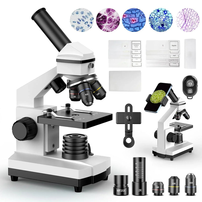 Compound Microscope for Adults & Kids - 100X-2000X High-Power Biological Microscope for Students, School Lab & Home Education, with Slides Set & Phone Adapter (White) M3