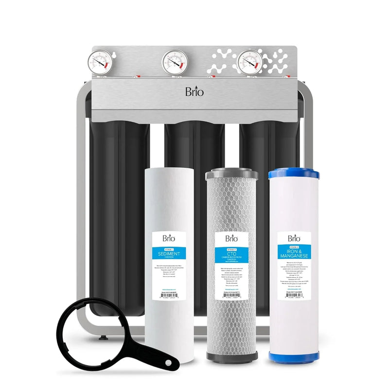 Whole-house filtration system, designed to remove iron and manganese, with a flow rate of 900 gallons per minute, dimensions of 4.5 inches x 20 inches, featuring a built-in sediment filter, activated carbon filter and iron/manganese filter, with a li P4