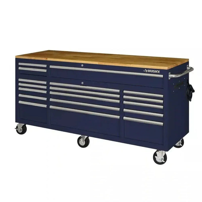 Husky 72 in. 18-Drawer Mobile Workbench with Solid Wood Top in Gloss Blue G4