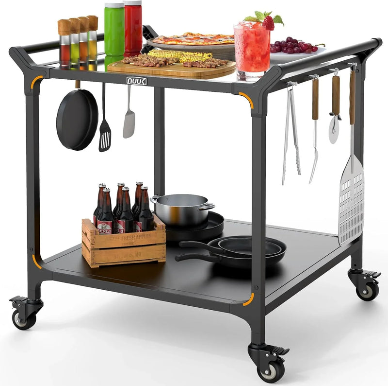 Outdoor barbecue food truck, 32" x 32" stainless steel pizza oven table, mobile barbecue kitchen food preparation cart with double-tiered shelves, suitable for garden patios D2