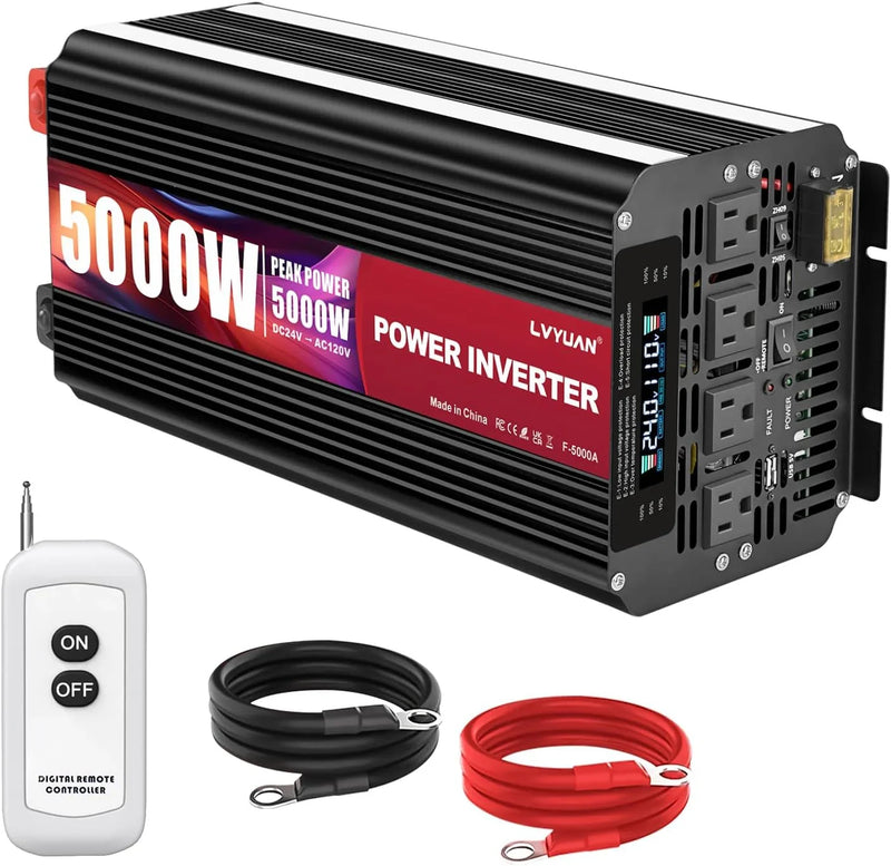 5000 Watt Power Inverter 12V to 110V 120V for Vehicle, Solar Inverter System, Heavy Duty, RV, Truck, Off Grid,Camping with 4 AC Outlets, LCD Display, Wireless Remote Control, Car Power Inverter S3