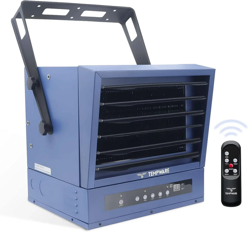 Electric vehicle garage heater, 7500-watt digital display fan-driven ceiling-mounted work area heater, featuring full-function remote control, 240-volt wired installation, with a 12-hour timer, is highly suitable for use in workplaces. X8