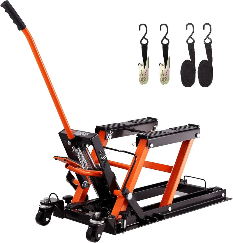Hydraulic Motorcycle Lift Jack 1500 LBS Capacity ATV Scissor Lift Jack Portable Motorcycle Lift Table with 4 Wheels Hydraulic Foot-Operated Hoist Stand for Motorcycle ATV UTV Powersports A2