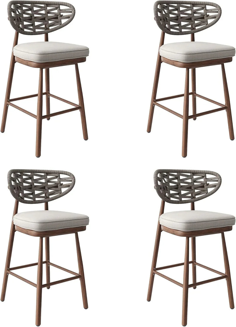 Outdoor Bar Stools Set of 2,Rattan Barstools Woven,29'' Bar Height Stools with Backrest and Teak Leg,Aluminum Bar Chairs Boho Bar Stool with Cushions,Tall Barstool for Patio,Teak F3
