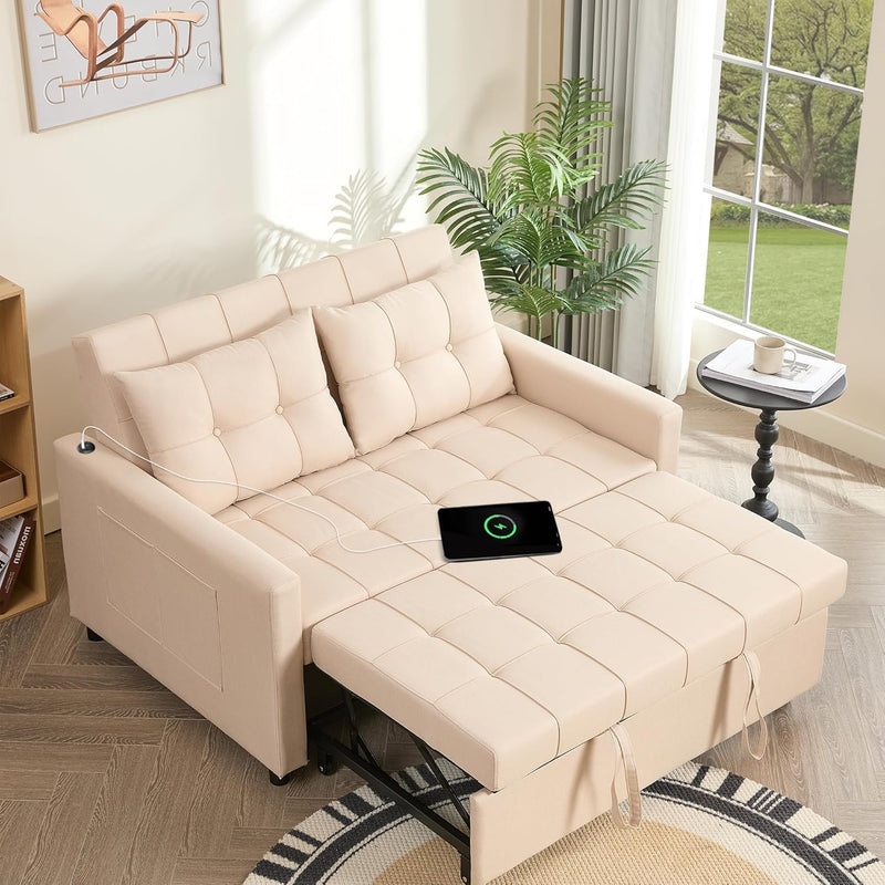 52" Sleeper Sofa with Pull-Out Bed, 3-in-1 Convertible Sofa Bed, Loveseat with Adjustable Backrest and Side Pocket, for Living Room Apartment, Linen, Dark Grey K4